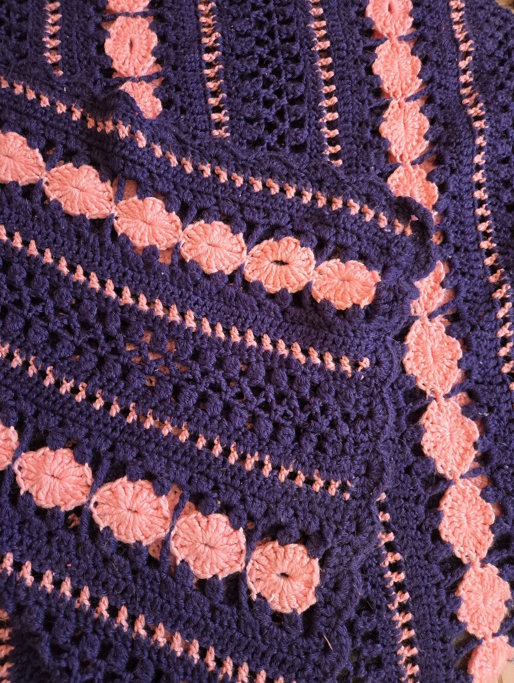 Handmade Crochet Throw in Navy and Pink